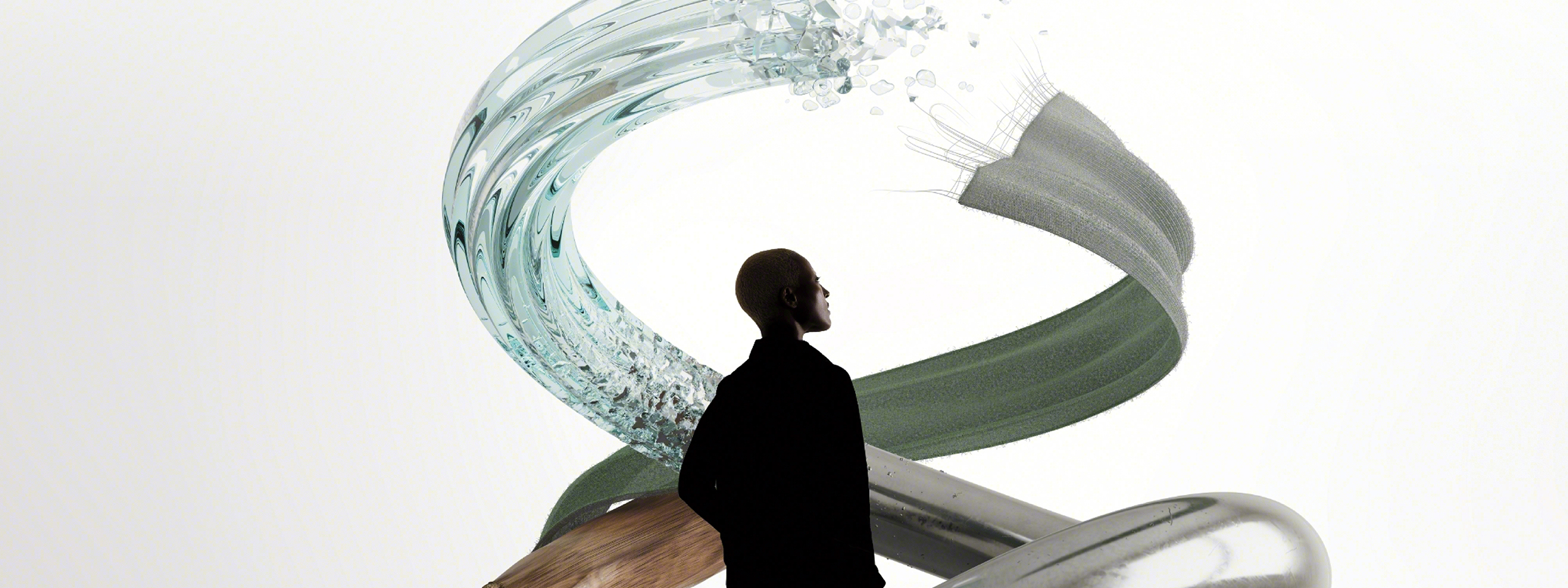 human standing inside swirls of water, fabric and wood